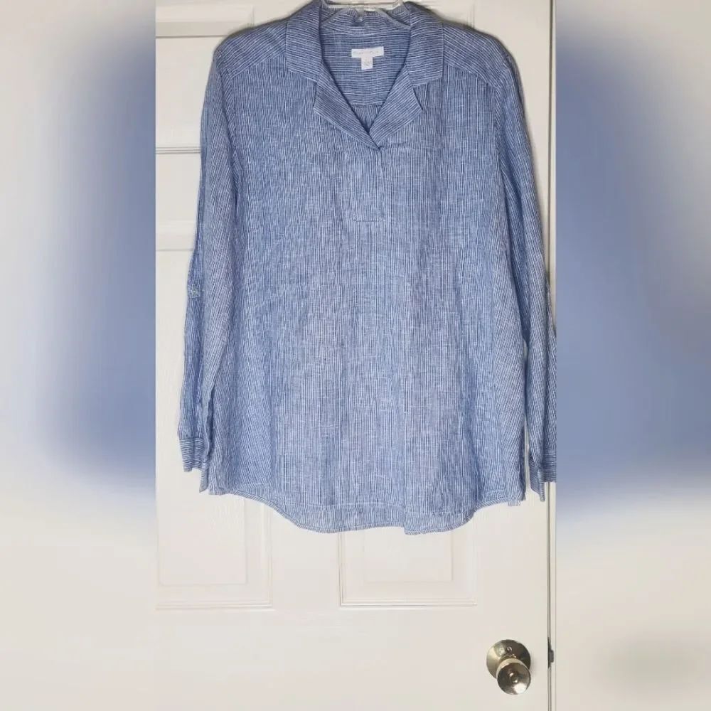 Charter Club L Striped Blue Longsleeve 100% LINEN Women's Blouse